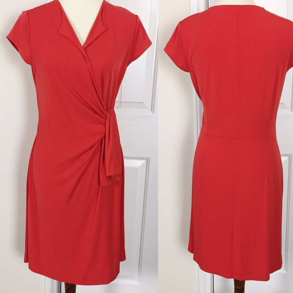 New York & Company Red Dress Cap Sleeves L V-Neck